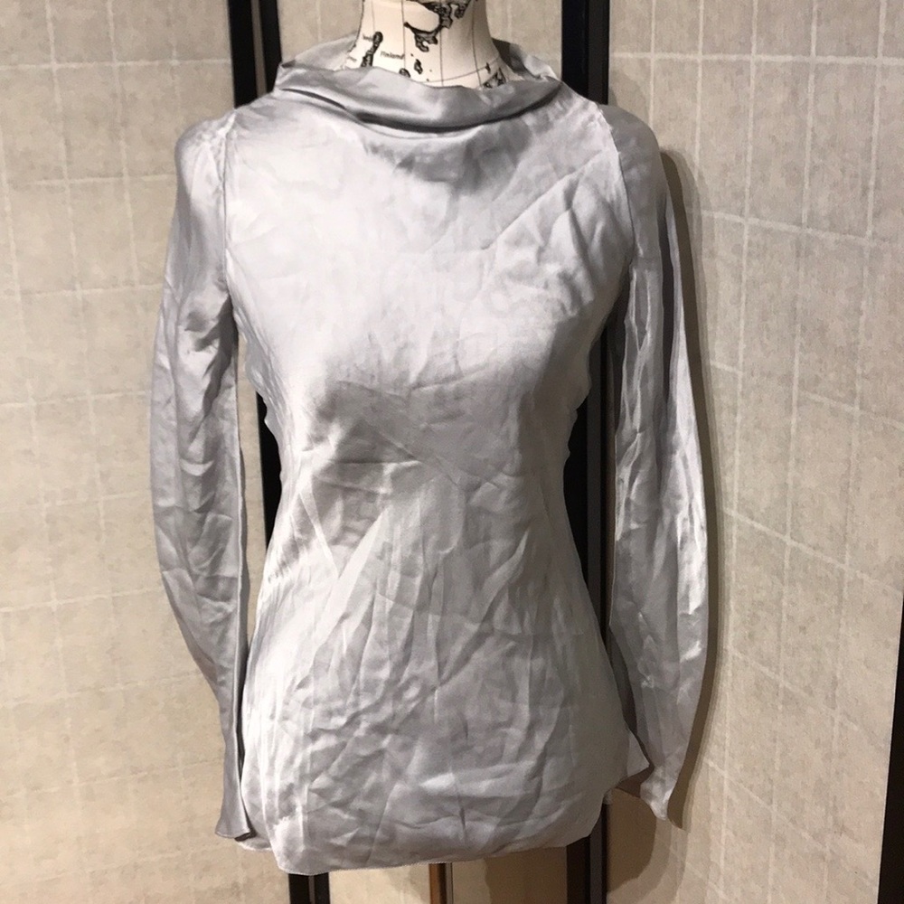 Vintage Silk metallic Long sleeve mock mock coastal pullover blouse silver S